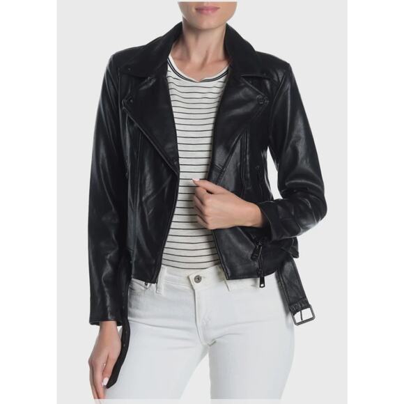 Elodie Jackets & Blazers - Elodie Black Faux Leather Full Zip Belted Moto Jacket Rocker Motorcycle Small